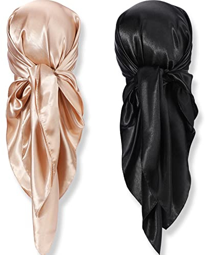 SATINIOR 2 Pcs 35 Inch Silky Head Scarf Black, Camel, Classic