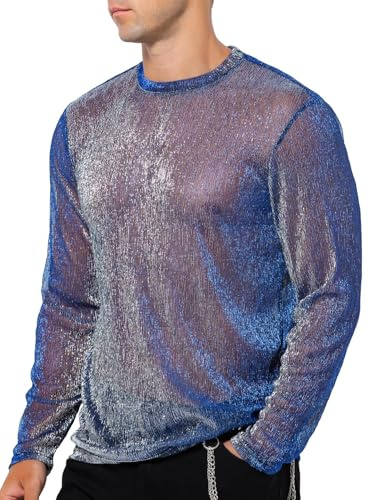 Casey Kevin Chemise Paillette Homme Tee Shirt Manche Longue Transparente Tenue Disco Sexy Costume Maille T Shirt Paillette Sequin Pyjama Rave Outfit Lumineux Fishnet Vetement Soiree Resille Filet Haut