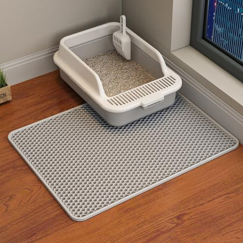 HCY&WLD Cat Litter Mat, 45x26/35x24/30x22/24x18 Inch Double Layer Cat Litter Box Mat, EVA Non-Slip, Waterproof Urine Proof Cat Litter Catcher Mat, Easy Clean Scatter Control (24x18 Inch, Gray)