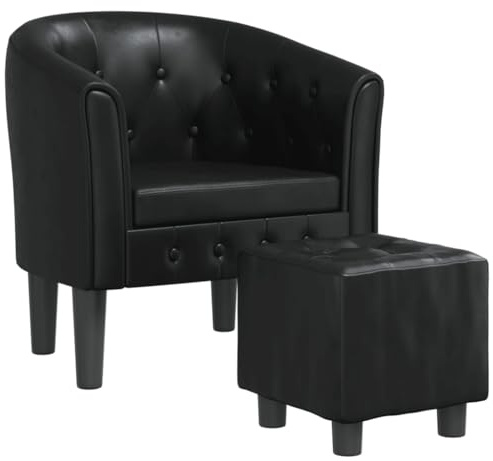 vidaXL Sillón con Taburete, Silla con Respaldo Reposabrazos, Butaca de Relax Descanso TV, Asiento para Salón Oficina, Cuero Sintético Negro