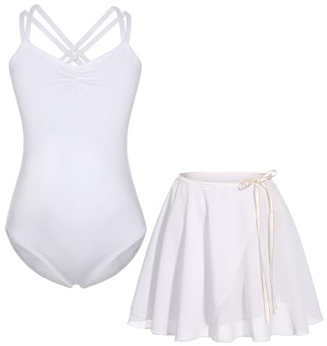 FONLAM Ballettkleid Ballettkleidung Turnanzug Mädchen Baumwolle Tanzkleid Ballett Trikot Ballettrock Gymnastikanzug (12-13 Jahre, Weiß)