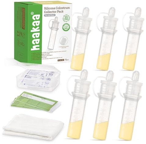 haakaa Silikon Kolostrum Sammler & Milchauffänger Set, BPA-frei, Wiederverwendbar, Mit Baumwoll-Reinigungstuch, Etikettenaufklebern und Aufbewahrungsbox, 4 ml/6 Stück