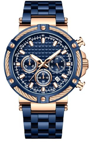 RORIOS Reloj de Pulsera Moda para Hombre Relojes Negocios Acero Inoxidable Reloj Multifuncional Analógico Cuarzo Reloj Luminoso Calendario Azul
