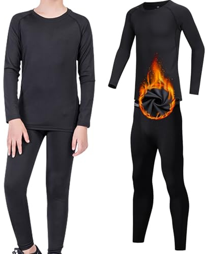 Conjunto de pañales de base térmica para niños, camisa de compresión de manga larga y calzoncillos largos forrados de fieltro para niños y niñas, Negro , 7-8 Años