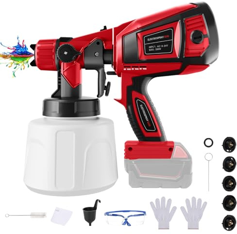 Trådlös färgspruta kompatibel med Milwaukee 18V-batteri, elektrisk färgsprutpistol med 1 000 ml färgkanna, 5 storlekar spraymunstycken, 3 mönster, rengöringsborste, handskar och glasögon (nej batteri