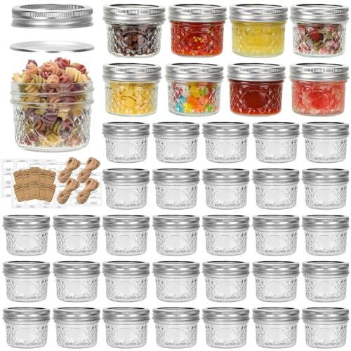 Eathtek 4 oz Mason Jars 40 Pack, 120ml Mini Canning Jars with Regular Lids for Jelly Herbs Spice Honey Storage, Small Glass Jars Candle jars, Extra Tags Label Included
