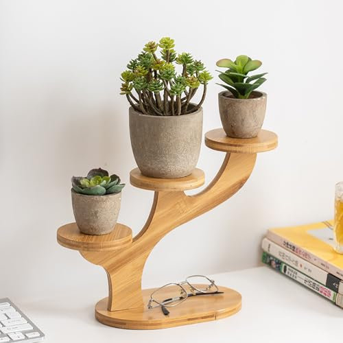 Lxoraziy Mini Support de Table à 3 Niveaux, étagère en Bambou pour Plantes Grasses, Support Rond de Plante de Table, pour Le Bureau, Chambre, Salle