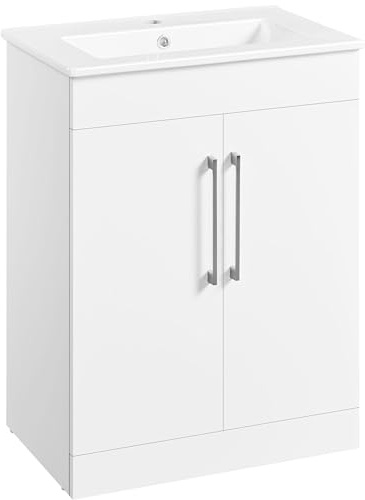 Yaheetech Bathroom Vanity with Ceramic Basin, Free Standing Cabinet with 2 Doors & Rectangular Sink, White Painted Bathroom Storage, 600mm