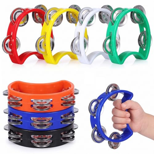 JOINPAYA 7Pcs Half Moon Tambourines for Kids Plastic Percussion Tambourines with 4 Jingle Bells, Mini Hand Held Percussions Musical Instrument for Holiday School Birthday Party Sports Games