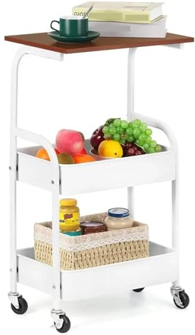 Carro de almacenamiento rodante de cocina con mesa de madera de 3 niveles delgado con ruedas para isla de cocina, carrito de cocina móvil blanco