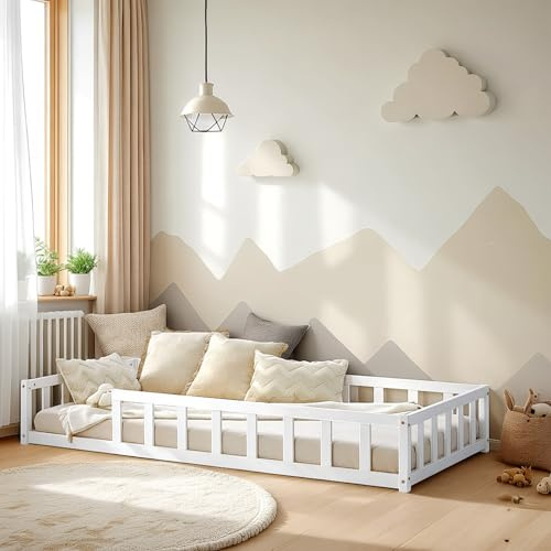 Homestyle4u Bodenbett 90x200 Montessori Bett Kinderbett mit Matratze, Rausfallschutz, Lattenrost