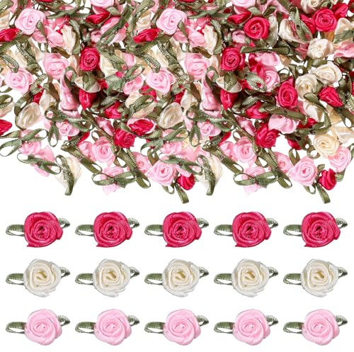 150pcs Multicolor Mini Roses Satin Roses With Green Leaves Tiny Flowers For Crafts 15mm Artificial Fabric Flower Ornament Applique Small Satin Rose For Wedding Bride Shower Sewing Diy Wreath Decor