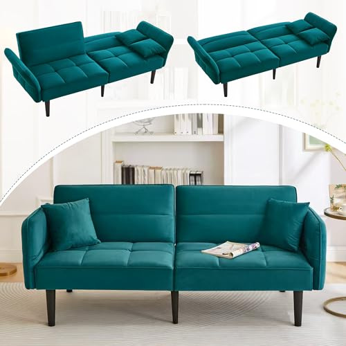 Lumivortex Soffa med sovfunktion, 2-sitsig soffa, bäddsoffa med vikbara armstöd, liten bäddsoffa, 176 x 78 x 76 cm, hopfällbar soffa, bäddsoffa, kökssoffa, sängsäng för vardagsrum, rum, kontor (grön)