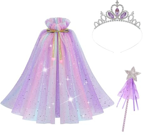 Cape princesse fille, violet cape princesse déguisement fille paillettes scintillantes cape de princesse baguette magique princesse Tiara costume d'Halloween pour les filles de 6 à 10 ans (Violet)