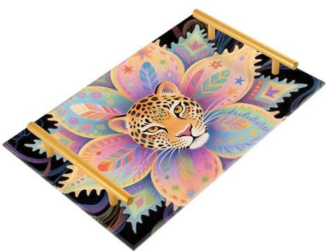 Bandeja de cafetería decorativa con asas de mandala bohemio y flores de leopardo para servir joyas, perfumes, bandejas de té, charola para desayuno