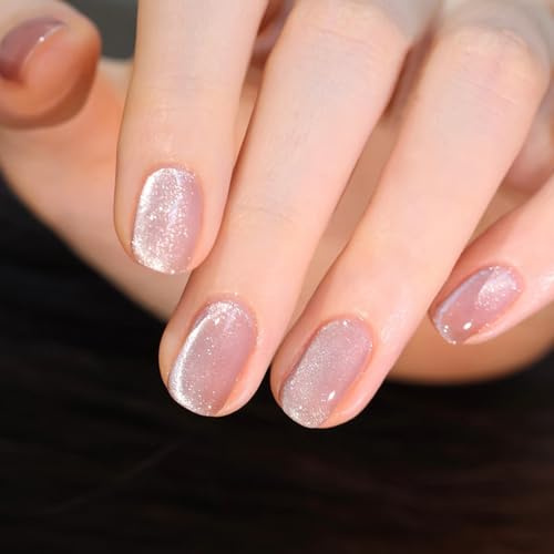 Viugex 30Pcs Faux Ongle Courts Carrés, Blanc Clair de Lune Naturel Ongles à Coller, Fait Main Œil de Chat Pleine Couverture Press on Nails, Artificiel Capsule Ongle pour Femmes et Filles Manucure DIY