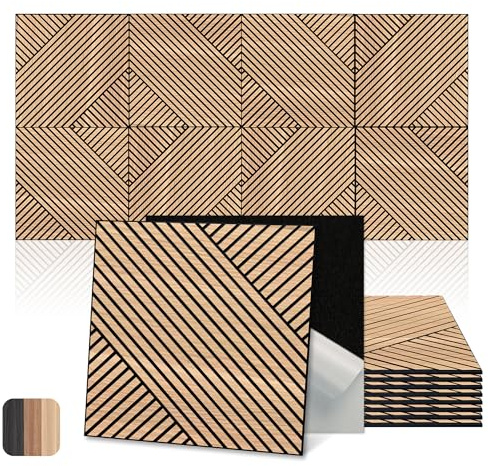 Mollywell Art Acoustic Wall Panels, 24x24 Inch 8 Pack, Wood Veneer, Sound Absorbing Self-Adhesive Wall Decor, Staggered Melodies, Natural Oak, for Home & Studio
