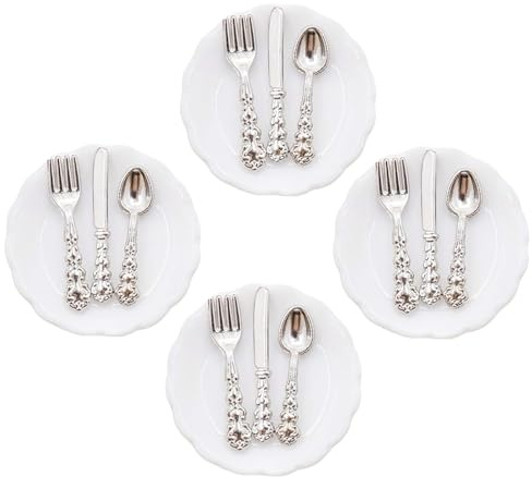 4Sets Set di stoviglie da cucina in miniatura Accessori Display Per 1/12 Scale case delle bambole con piatti realistici e posate case delle bambole set da pranzo