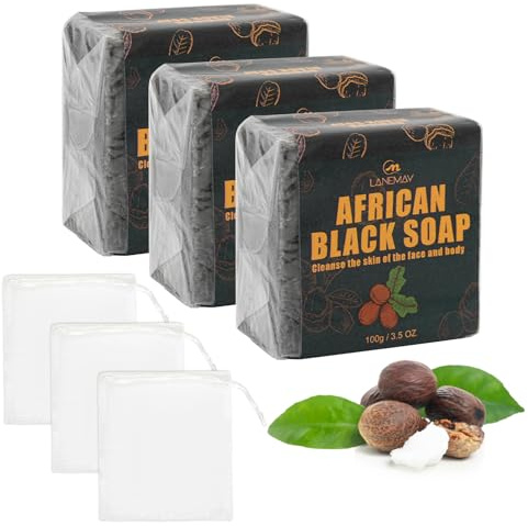 3 Packs African Black Soap, Black African Soap for Face Body Hand Black Soaps with Foaming Nets for Men Women Deep Cleansing, Moisturizing and Nourishing (3, Black)