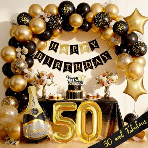 Globos 50 Anni Cumpleaños Hombres Mujeres, Decoracion 50 Años Cumpleaños Oro Negro, Decoraciones 50er Globos, Guirnalda y Globos