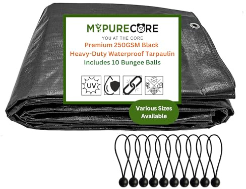 MYPURECORE Heavy Duty Waterproof Tarpaulin with 10 Bungee Balls – 250GSM Black Tarp for Outdoor Use – Durable Weatherproof Sheet for Camping, Garden, Trailer Tarp & Tent Protection (2m x 2m)