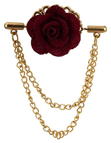 Brooch Lapel Pin for Men Maroon Flower with Double Hanging Chain Lapel Pin Badge Coat Suit Wedding Gift Party Shirt Collar Accessories