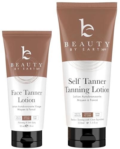 Self Tanner Face & Body - With Organic Aloe Vera & Shea Butter, Sunless Tanning Lotion, Bronzer Buildable Light, Medium or Dark Tan, Fake Tan Self Tanners Best Sellers, 7.5oz (body) 3oz (face)