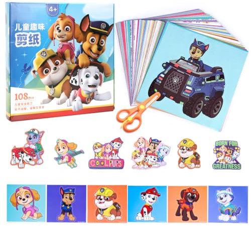 Philoctes Papierschnitt Set für Kinder, 109 Stück, Scheren Bastelset mit Sicherheitsschere, 108 Papierschnitte, Lernspielzeug für Kindergarten Mädchen Jungen (Hund)