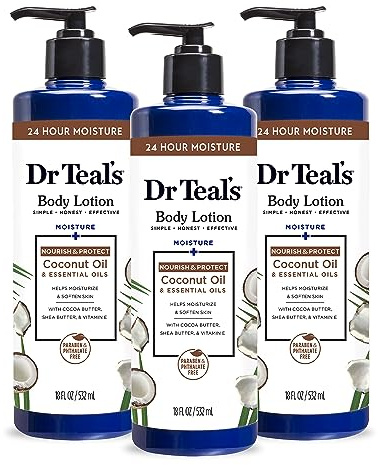 Dr Teal's 24 Hour Moisture+ Body Lotion, Coconut Oil & Essential Oils, 18 fl oz (Pack of 3)