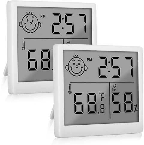 Thermometer Hygrometer Innen - 2er Digital Luftfeuchtigkeitsmesser Raumthermometer Innen mit Uhr, Smiley-Indikator, Zimmerthermometer Temperatur für Babyraum Wohnzimmer Raum Büro, Weiß