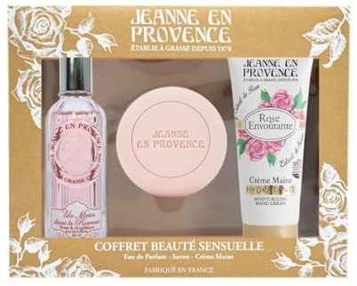 JEANNE EN PROVENCE - Coffret Rose Beauté Sensuelle - Eau de parfum 60ml + Crème mains 75ml + Savon solide 100g - 95% d'Ingrédients d'Origine Naturelle - Savon fabriqué en Provence - 100 gr