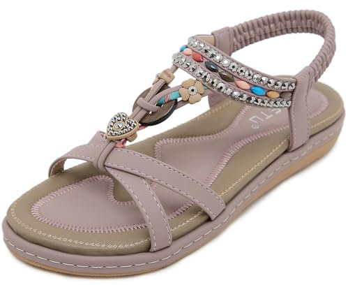 Vunavueya Damen Sandalen Slingback Frauen Zehentrenner Sandale Flache Sommer Leder Riemchensandale Bohemian Flip Flops Schuhe Violett Love 39