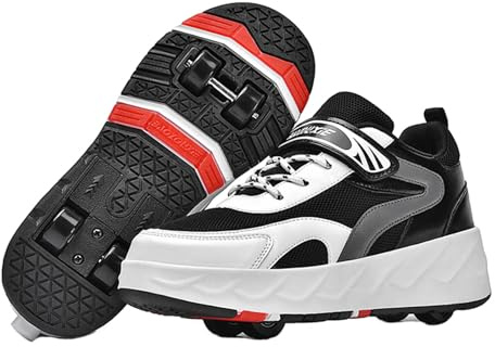Mateju Chaussures à roulettes Fille Garçon, 2 en 1 Patins à roulettes Retractable Enfant avec 4 roulettes Mode Chaussures de Skateboard Réglables Adolescents pour Intérieur Extérieur 30-42 EU