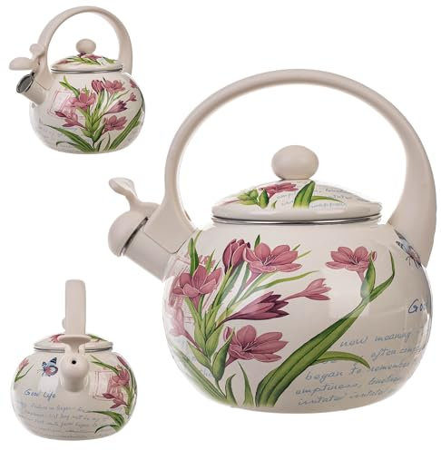 KADAX Bouilloire Sifflante en Acier 2.2L, Théière Émaillée pour Cuisinières à Induction et à Gaz, Dotée d'une Poignée Ergonomique et d'un Sifflet Intégré (Fleurs roses)