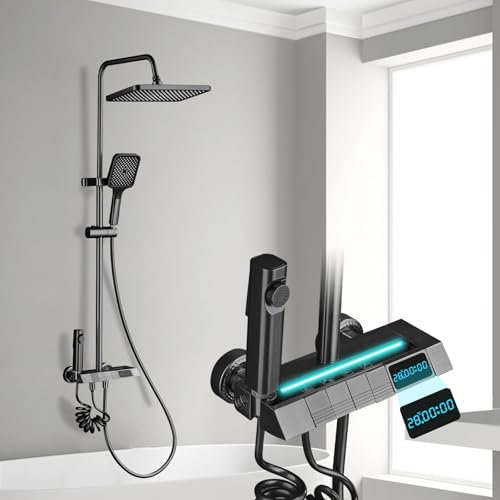 CALISTOUK Columna de Ducha con Rociador superior/Ducha de mano ABS, 4 Modos Indicación de La Temperatura del Agua, Columna Ducha Columna de Baño Multifuncional Altura Ajustable 85-105cm, Negro