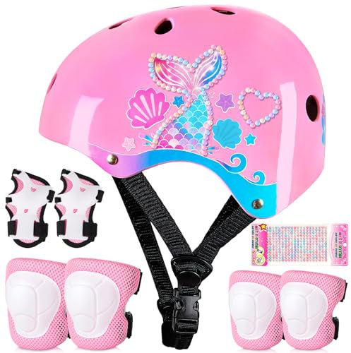 Kinderhelm für 3-8 Jahre, Unicorn Castle Kinder Fahrradhelm Mädchen, Verstellbar Kinder Protektoren Schutzausrüstung Kinder Knieschützer Set,Pink
