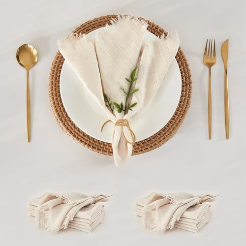 WAITER TREE Cloth Napkins 12pcs Beige Soft Pure Cotton with Fringed Breathable Square 48 x 48 cm Rustic Handcrafted Napkins for Dinners Parties Weddings