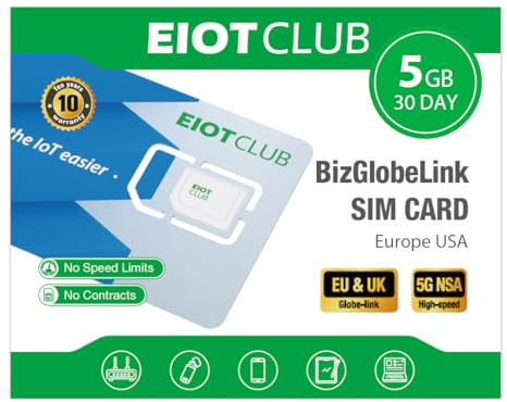 EIOTCLUB EU+USA SIM-Karte, 5GB Daten | 30 Tage, 5G/4G Highspeed Prepaid Reise-SIM, NUR Daten, Ohne Vertrag, Aufladbar, für Handys, Router, Hotspot, Keine Roaming-Gebühren