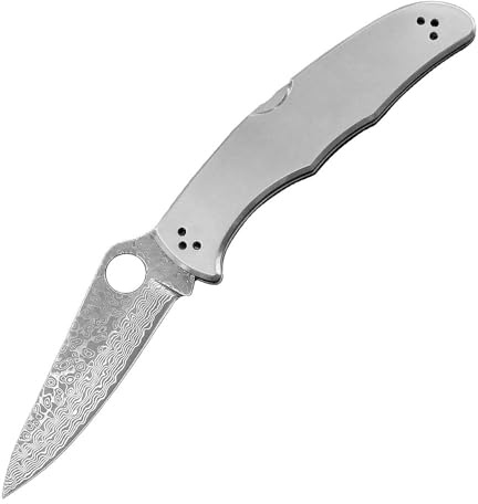 Klappmesser 8.8 Taschenmesser Damast Geschmiedet Aus Damaszener Damaststahl & Edelstahl, Outdoor Messer Survival Jagdmesser, Scharfes Einhandmesser, Damastmesser, Slim EDC Messer Neck Knife, Silber