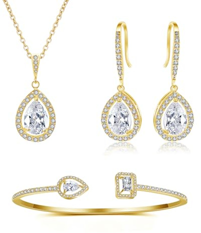 Glintara Bröllopssmycken för kvinnor, 3 stycken brudsmycken set med vita droppar zirkon, halsband med vattendroppar hänge & krokar örhängen & armband, diamant brudsmycken set för bröllop, Sten, Kubisk