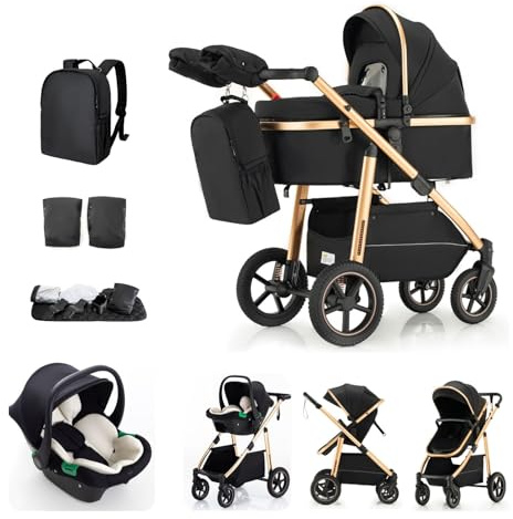 Kakbgee 3 en 1 Cochecito de Bebé, Sistema de Viaje, Carrito Bebé Asa Regulable en Altura, Silla de Paseo, Cubierta para Lluvia, Mosquitera, Cochecito con chasis de aluminio(0-4 Años, 22KG)