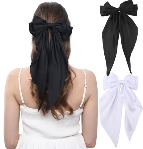 2PCS Big Hair Bow Clips for Women Girls – Black & White Ribbon Bow Barrettes with Long Tails, Large Satin Hair Accessories for Ponytail, Party, Wedding, Daily Styling