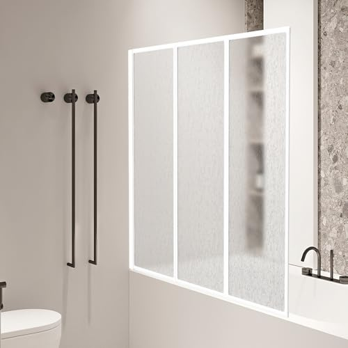 ISOISL Mampara de ducha de plástico para bañera, antiastillas, 120 x 140 cm, 3 piezas, plegable, marco de aluminio blanco, montaje a izquierda y derecha, con efecto de gota