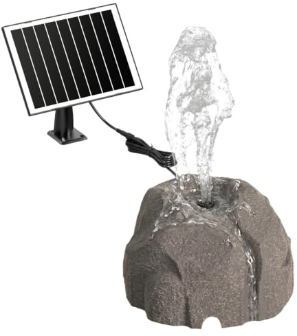 Soldriven fågelbadsfontän, realistisk granitsten soldriven trädgårdsfontän med automatisk torravstängning och filter för fågelbad utomhus, damm, uteplats/trädgård, grå.