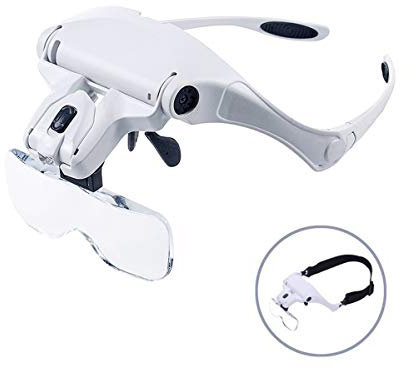 Wallfire Stirnband Lupe mit LED Licht, Freisprech Leselupe Gläser, Lupe mit 2 LED Licht 5 abnehmbare Linsen zum Lesen, Schmuck Lupe für elektronische Reparatur
