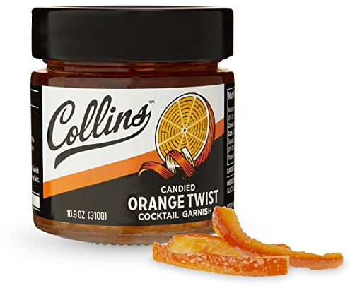 Collins Candied Fruit Orange Peel Twist in Syrup, Popular Cocktail Garnish for Skinny Margarita, Martini, Mojito, Orange Peel for Old Fashioned Drinks, Baking, Desserts, Salad, 10.9 oz