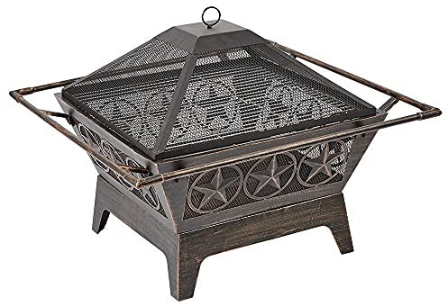 Trueshopping 24 Metal Square Fire Pit with Mesh Lid, Griller & Poker — Star Design, See Through Basket Bowl Fireplace Brazier - Wood, Charcoal & Log Burner Outdoor Fire Pits for Garden BBQ & Bonfire