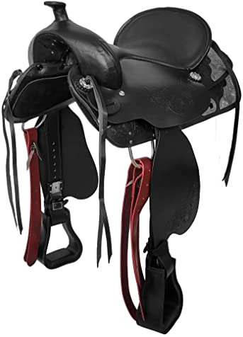A&M Reitsport Sella western senza albero Kansas in pelle di bufalo, nero, ferro intercambiabile, misura 16 pollici