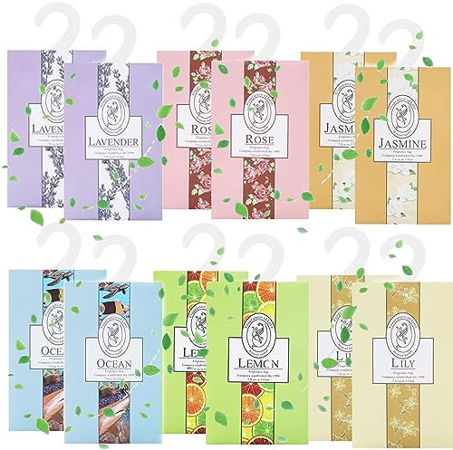 WDEC 12 * 20g Sachets With Hanging Sachets For Wardrobe Closet Room Wardrobe Bathroom Cart, Aromatherapy Bag, Natural Mothproof Agent, Lasting Fragrance (Jasmine, Rose, Lavender, Lily, Ocean,Lemon)