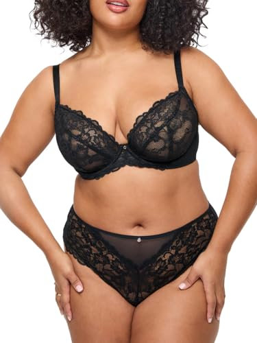 Ann Summers Sexy Lace Fuller Bust DD+ Non Padded Plunge Bra, DD-H Cup, Curve-Enhancing Womens Underwear with Underwire Support, Sheer Lace Cups & Power Mesh Wings Black - Womens Lingerie